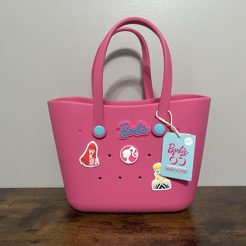 Barbie 65th Anniv Miniso Bogg Style Eva Tote Beach Lunch Pink Bag With Charms